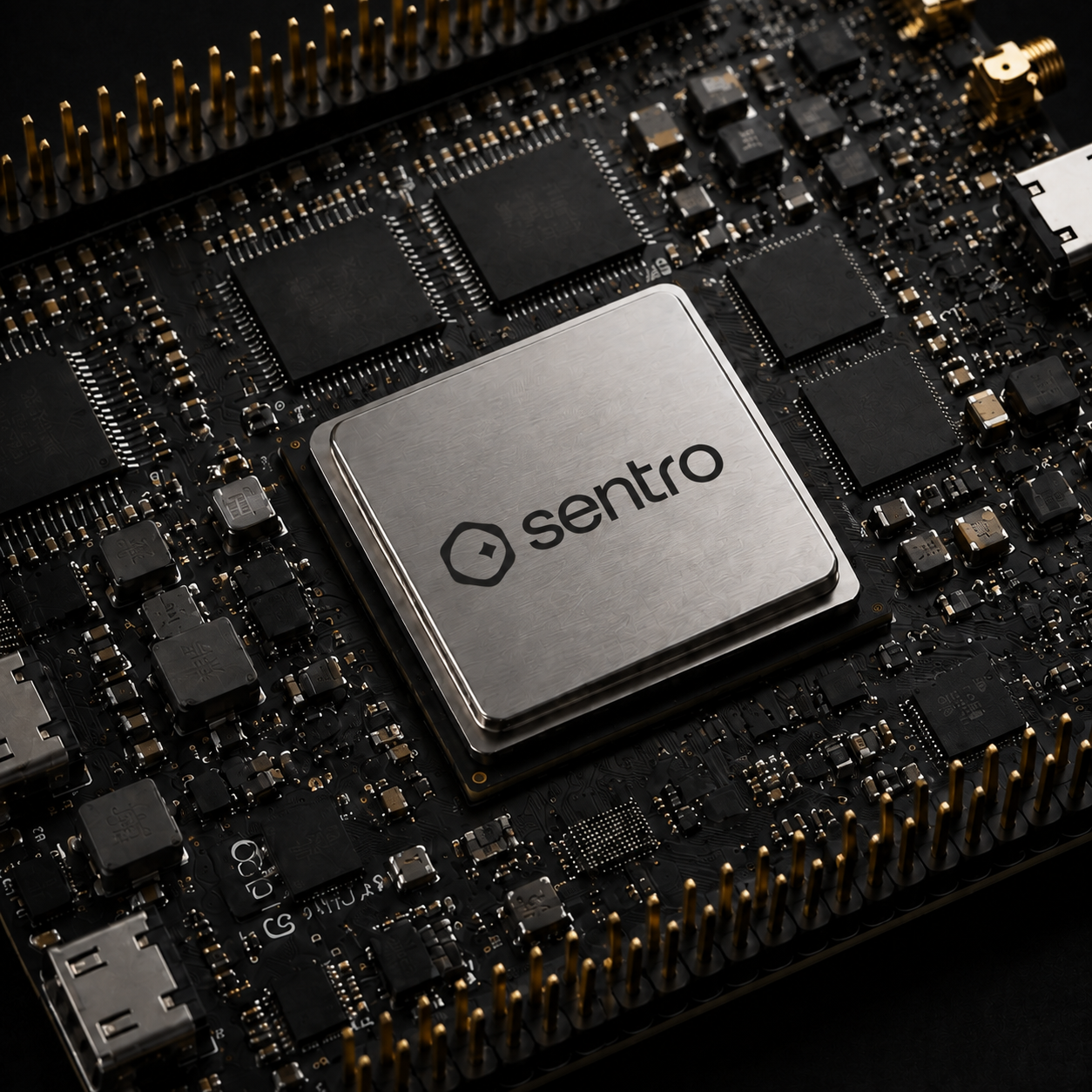 Macro product photograph of a Sentro edge AI module with integrated logo